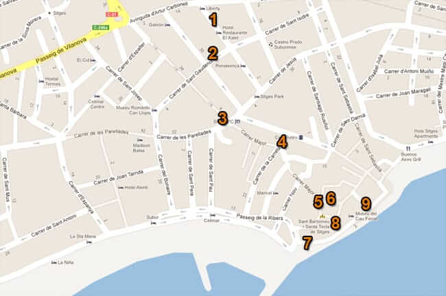 FemTurisme. Sitges Route, une carte d'accès de la ville de Sitges